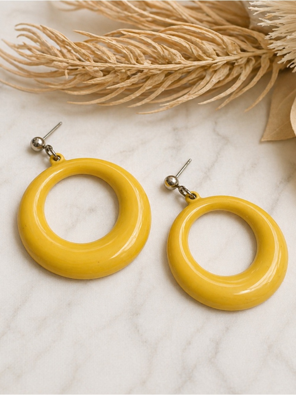 Vintage Yellow Circle Round Dandle Drop Earrings